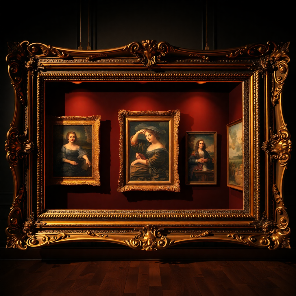 Nested frames containing multiple layers of classical and modern artworks