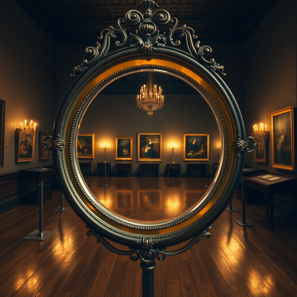 Ornate convex mirror reflecting a gallery of Renaissance paintings