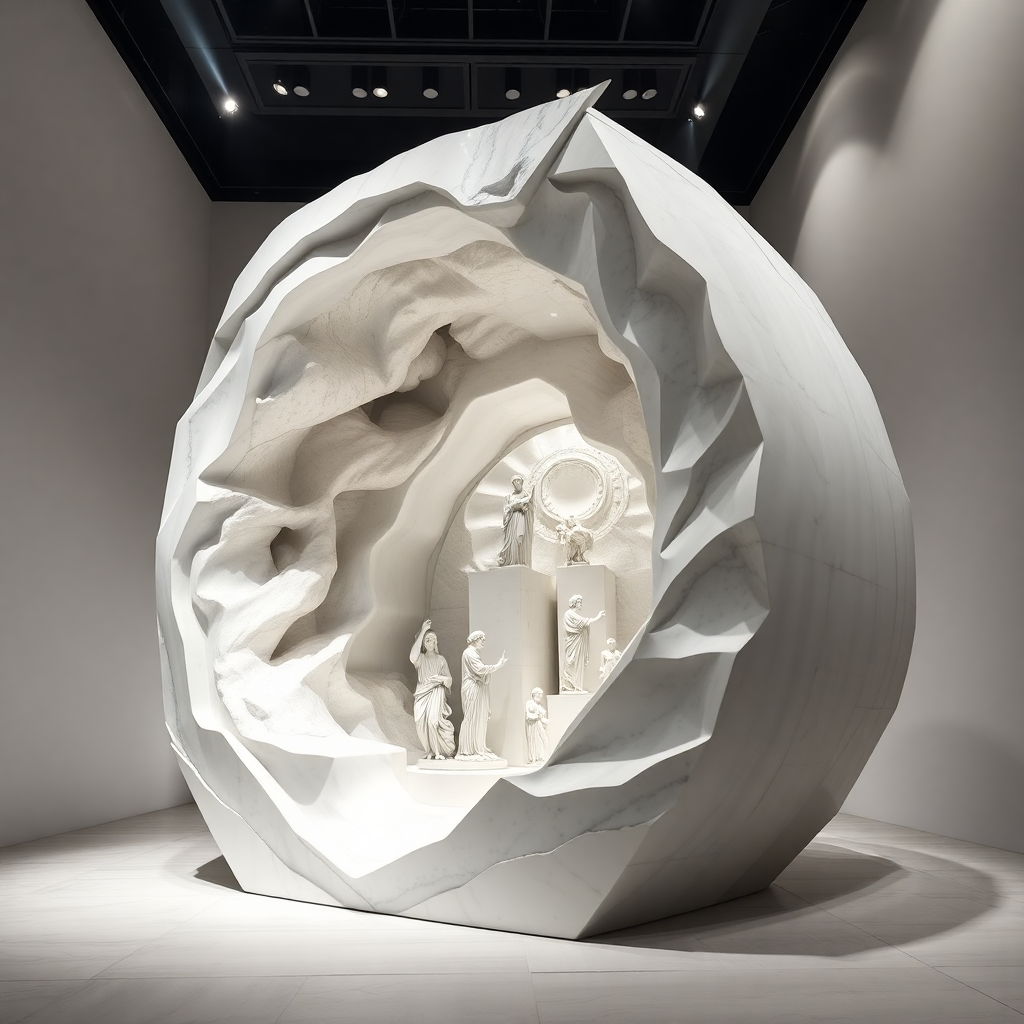 White marble sculpture with nested sculptures visible through carved openings