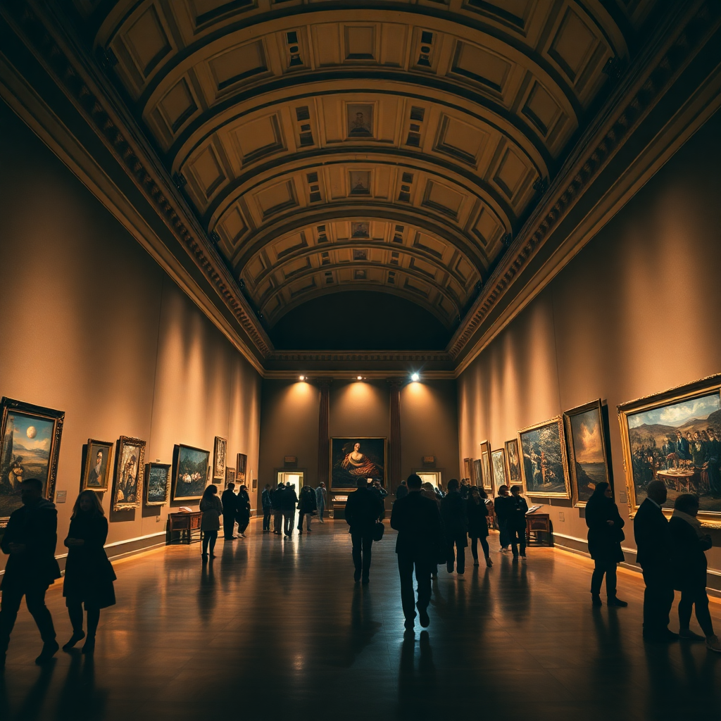 Panoramic view of museum gallery with diverse artworks and visitors