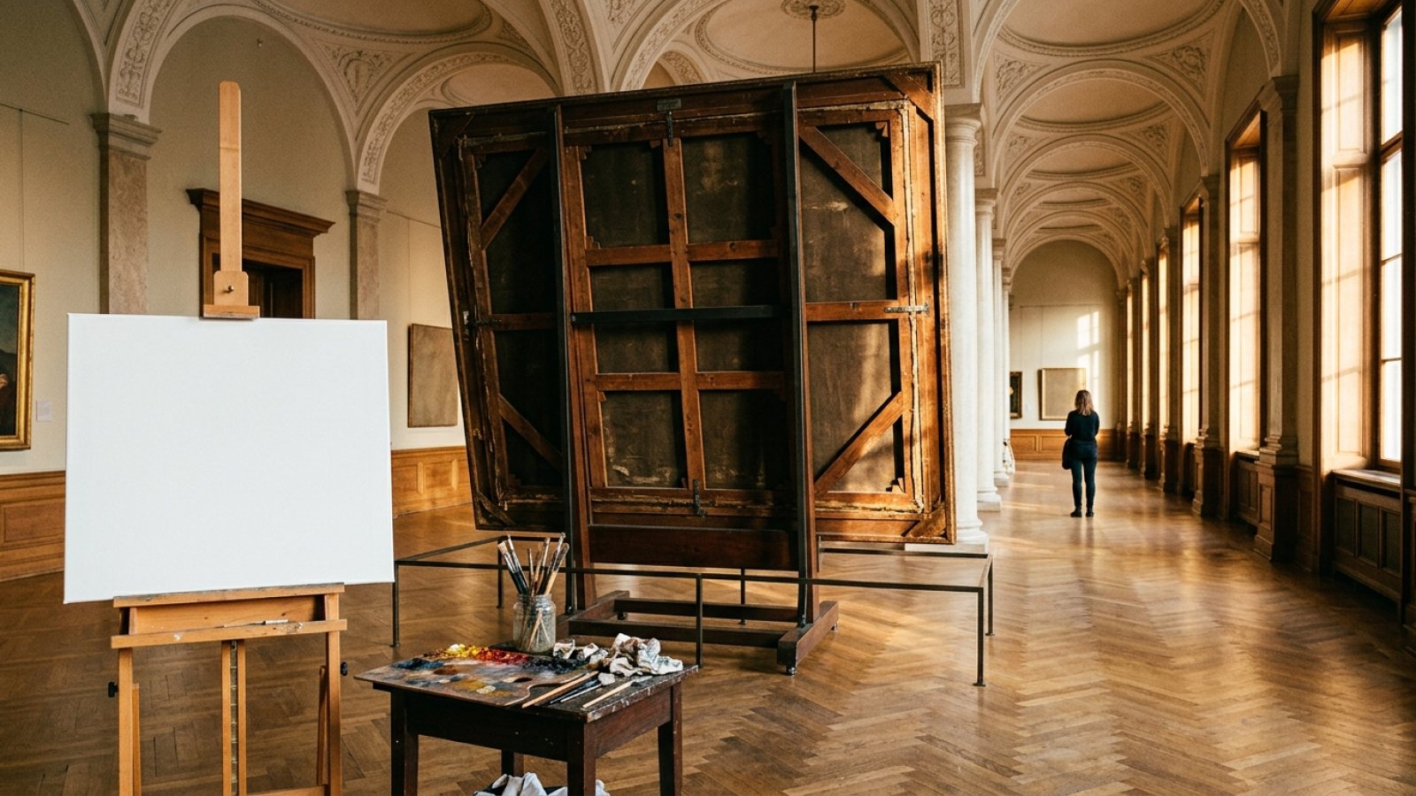 A beam of light slices through a grand, high-ceilinged room in an old European palace, illuminating an ornate, empty gold frame hanging on a far wall, hinting at a masterpiece once present.